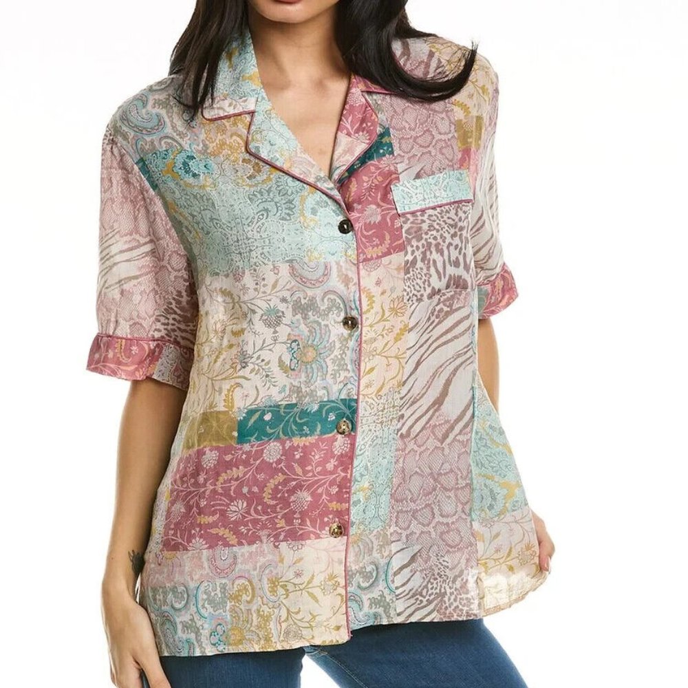 JOHNNY WAS NEW Women's Marseille Garden Resort Linen Shirt Top Size M